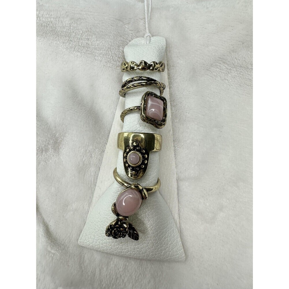 Free People Pink Stone Gold Tone Boho Statement Ring Set Womens Floral Heart New